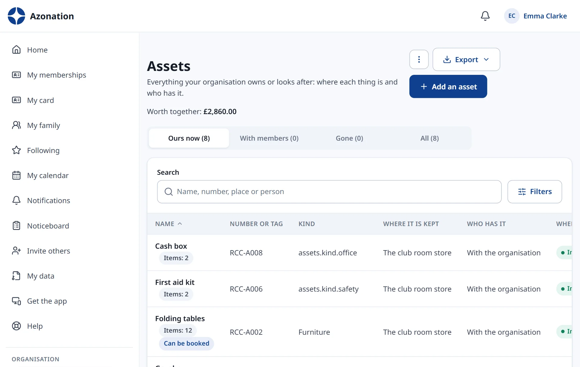 Assets in Azonation, with example data