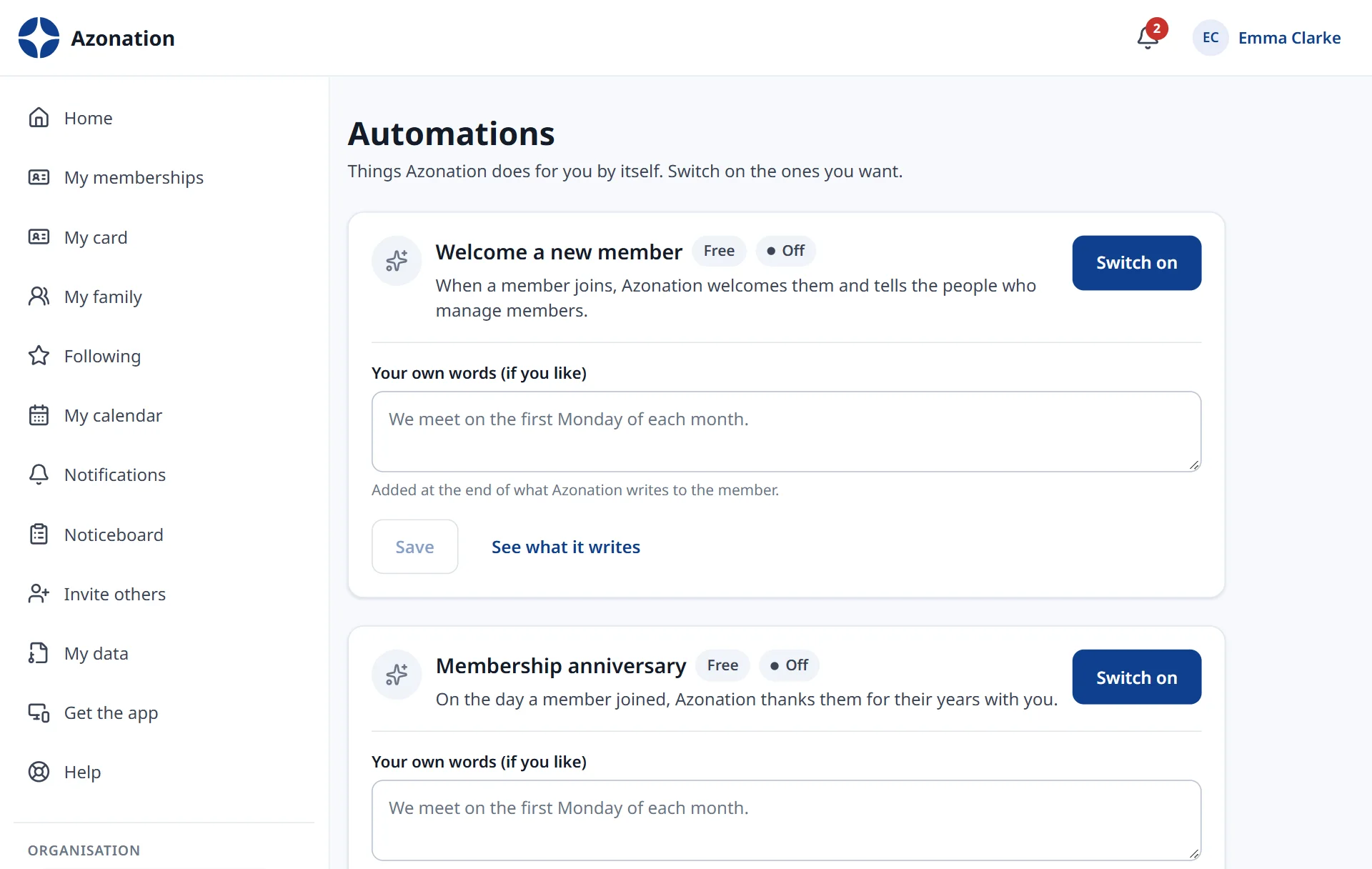 Automations in Azonation, with example data