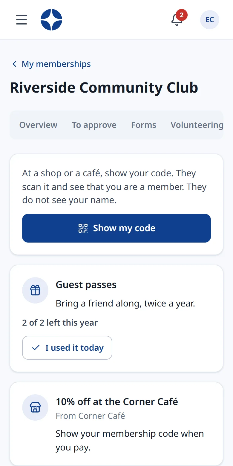 Member benefits in Azonation, with example data