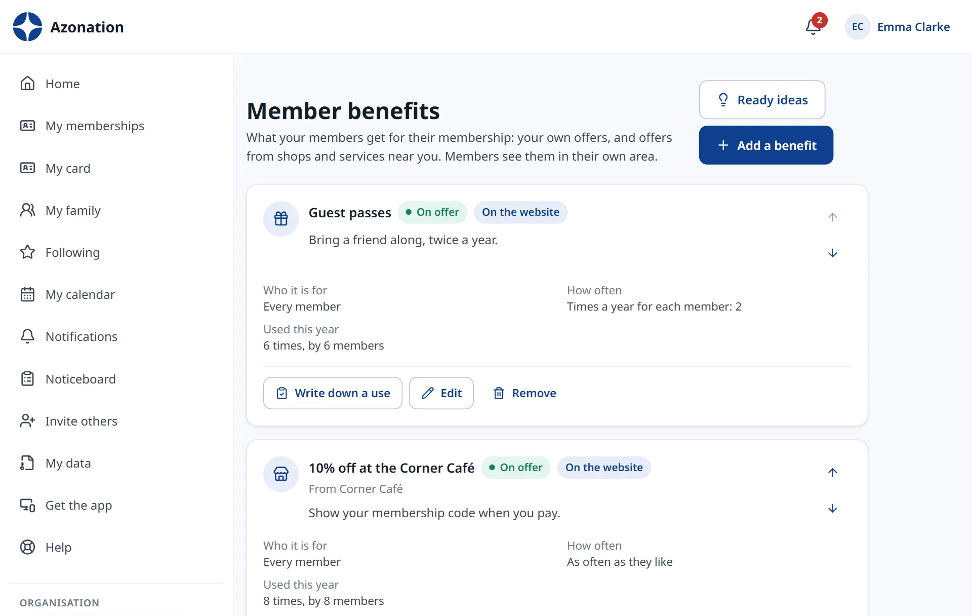 Member benefits in Azonation, with example data