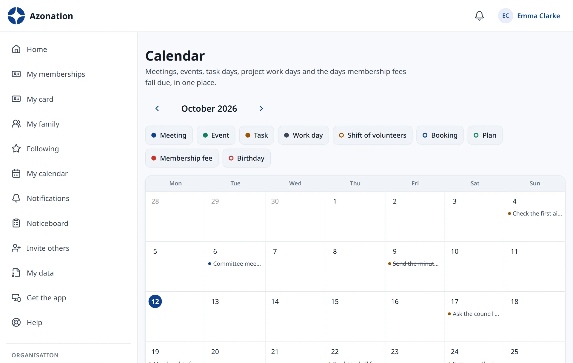 Compiti e calendario in Azonation, con dati di esempio