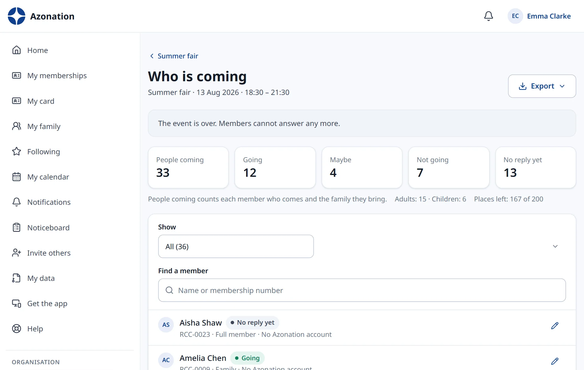 Events in Azonation, with example data