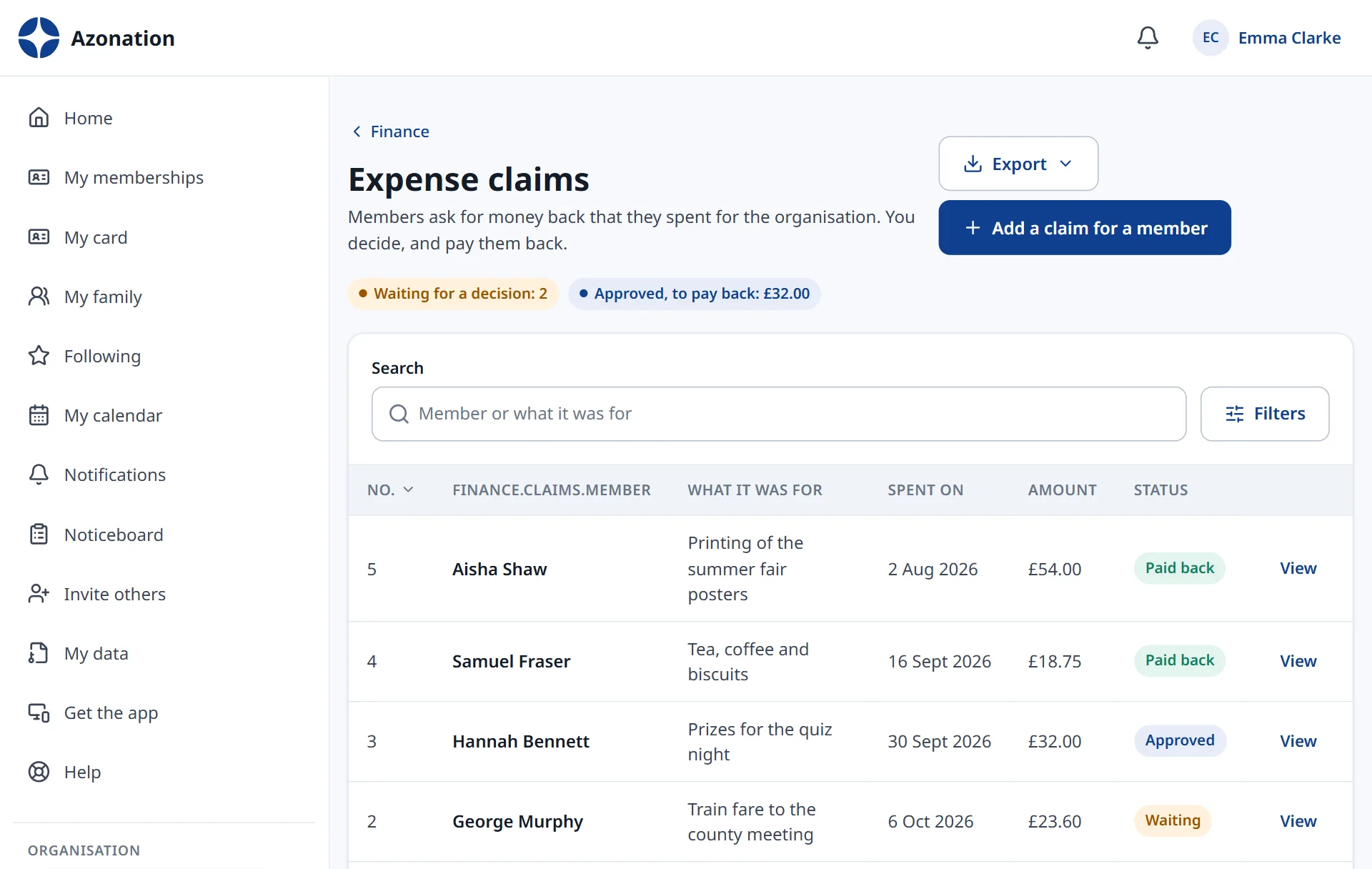 Simple finance in Azonation, with example data