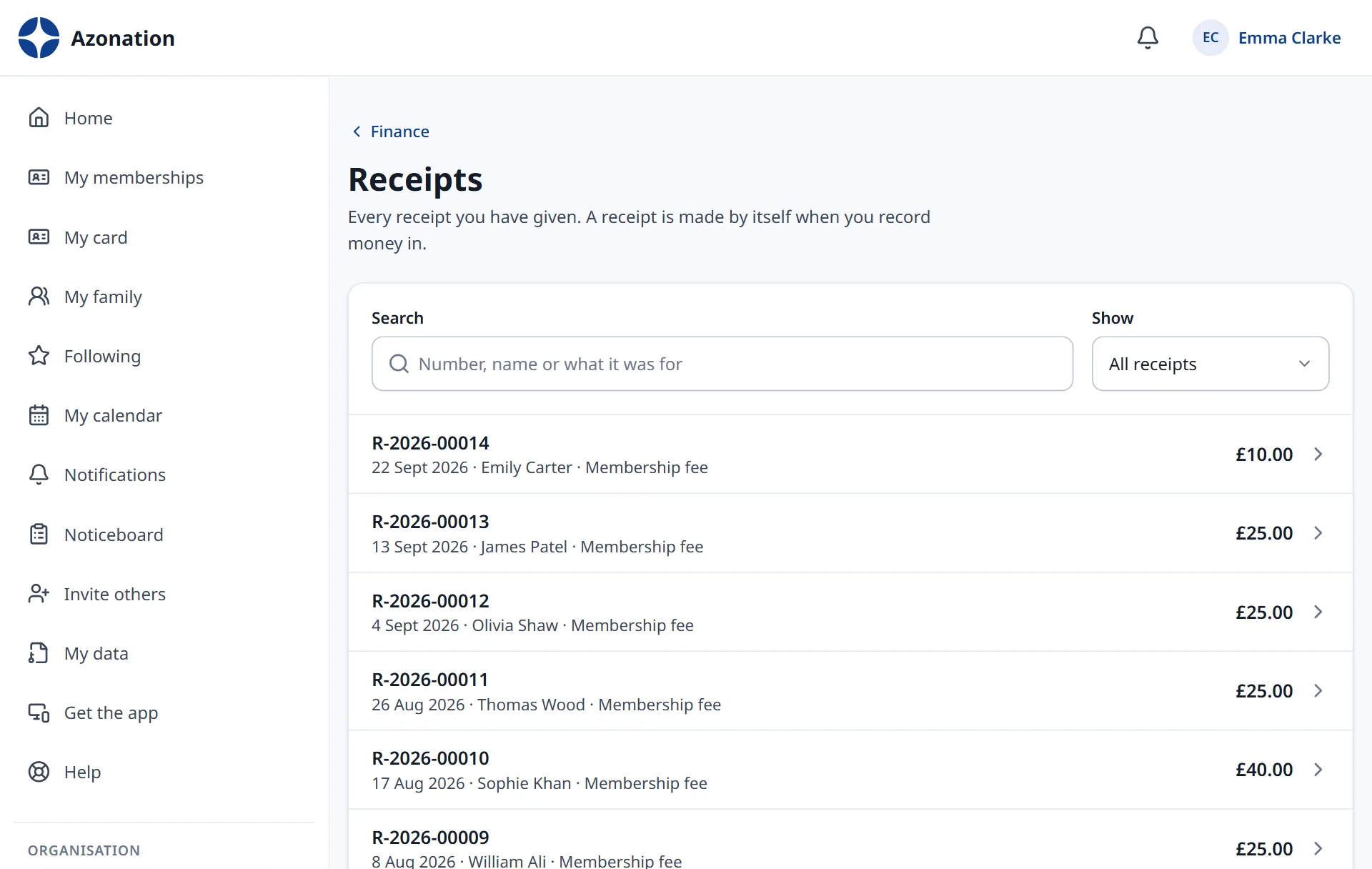 Simple finance in Azonation, with example data