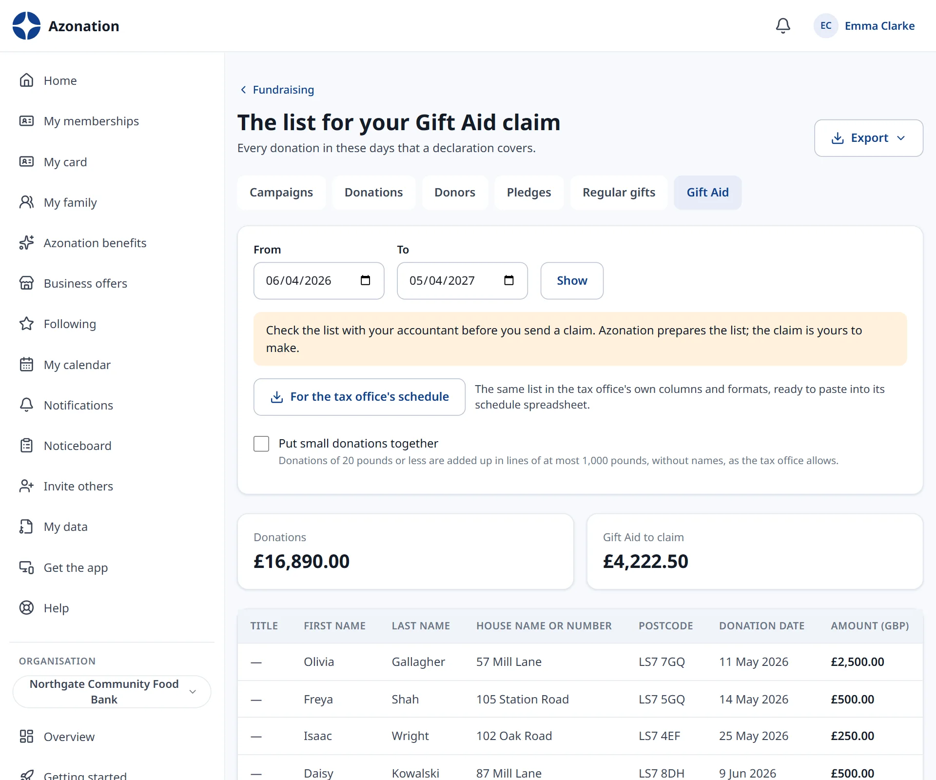 The Gift Aid list, ready for your claim.