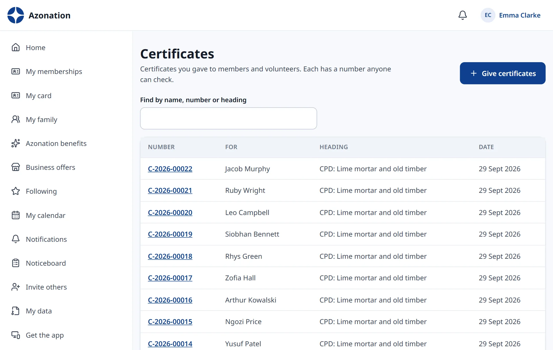 CPD certificates, each with a number anyone can check.