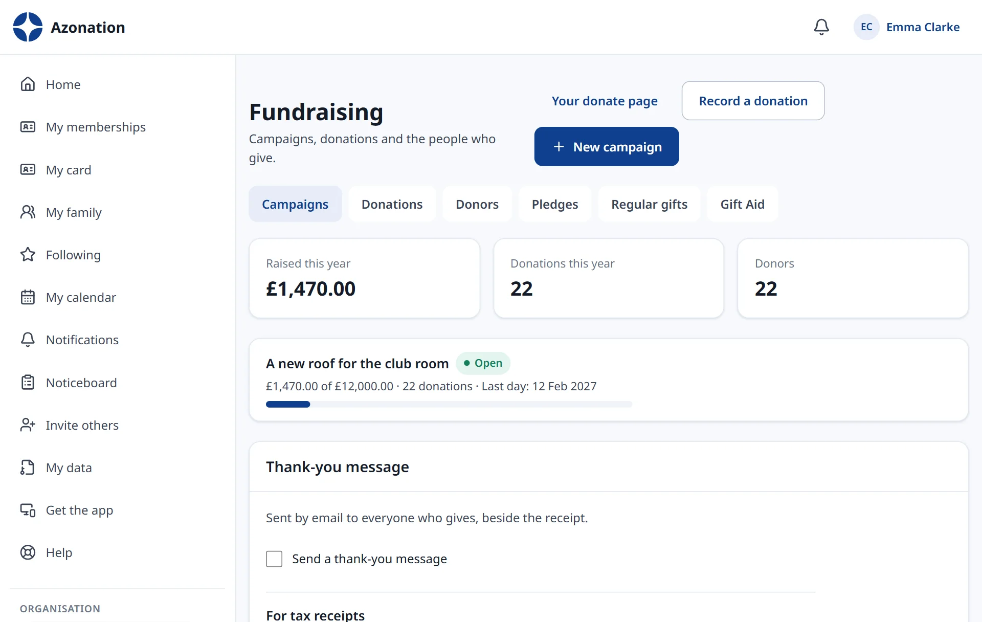 Fundraising in Azonation, with example data