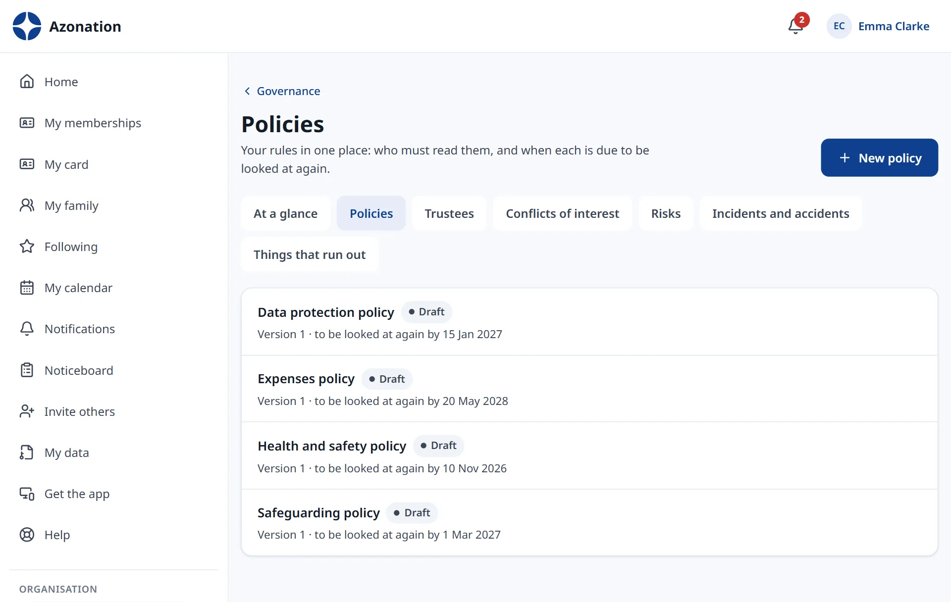 Governance and compliance in Azonation, with example data