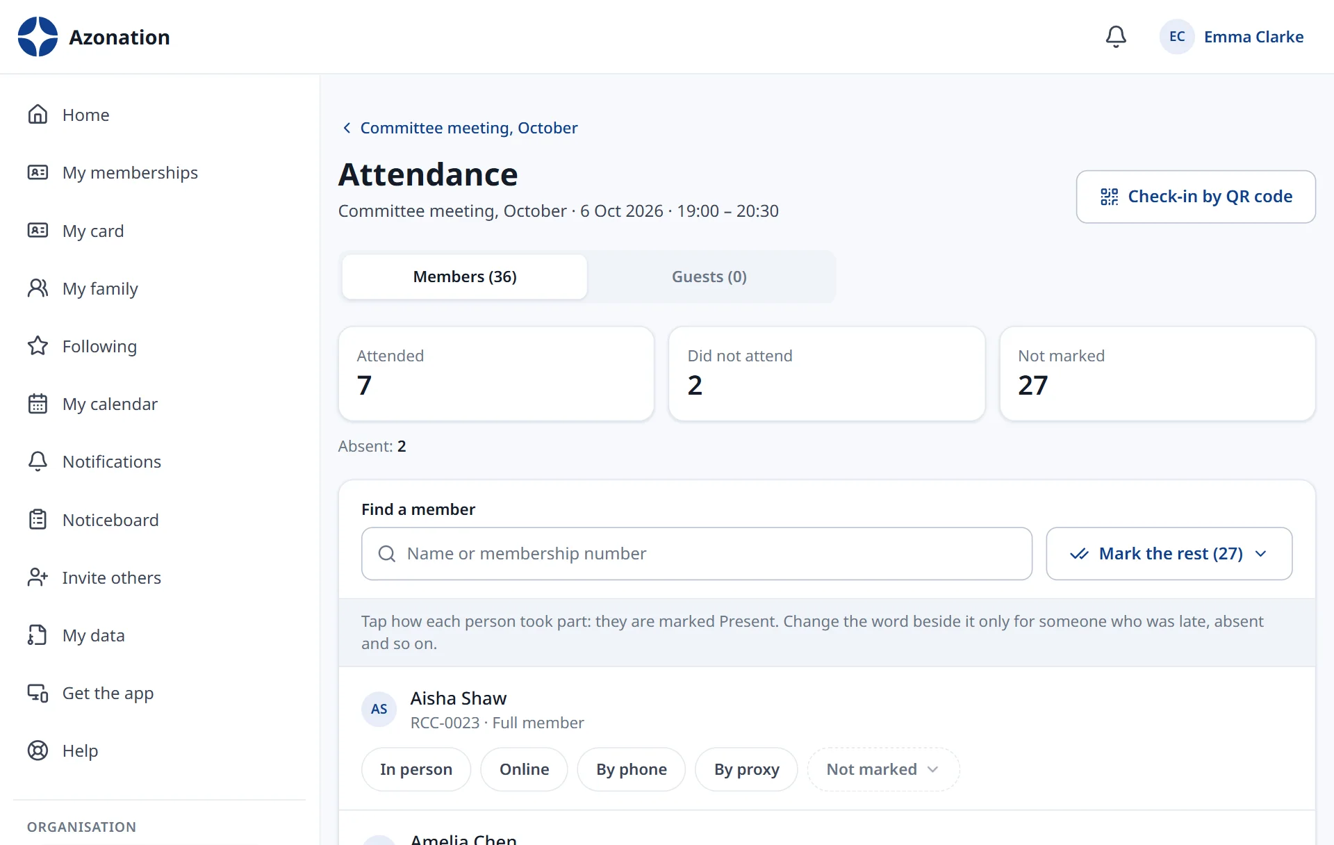 Meetings and minutes in Azonation, with example data