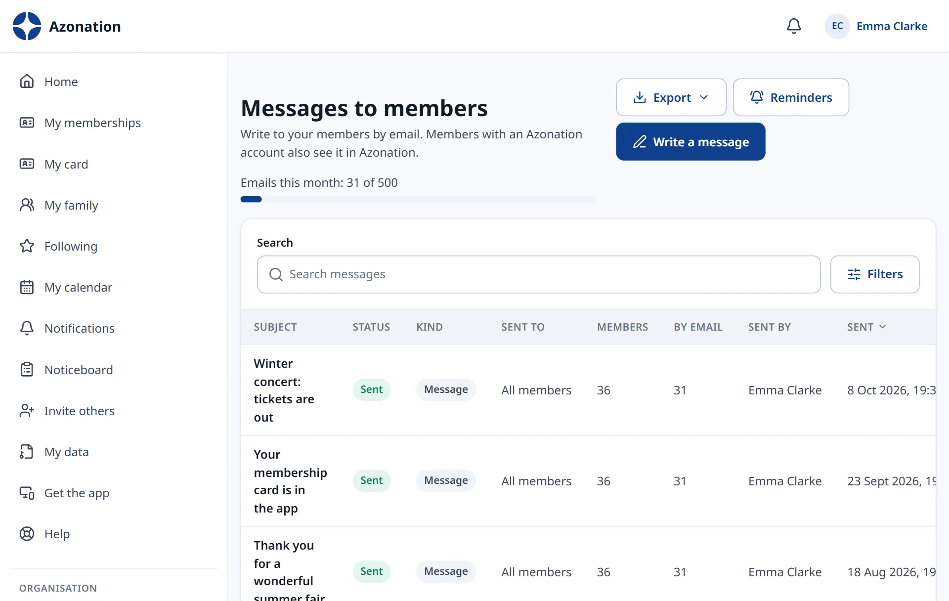 Messages and noticeboard in Azonation, with example data