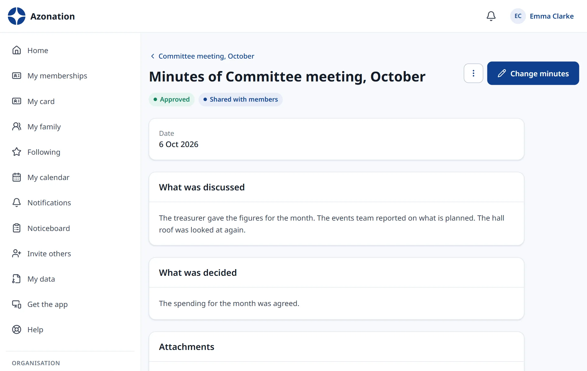 Meetings and minutes in Azonation, with example data