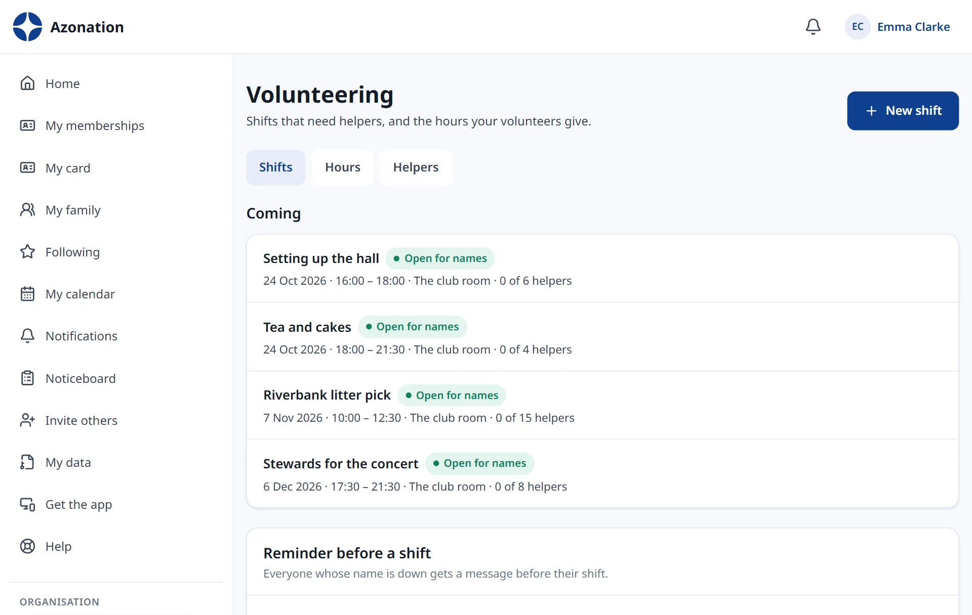 Volunteering in Azonation, with example data