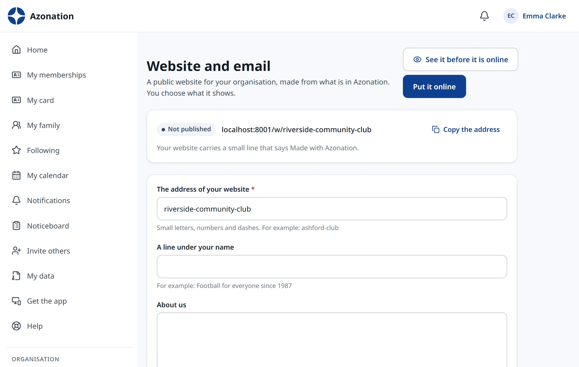 Tu sitio web en Azonation, con datos de ejemplo